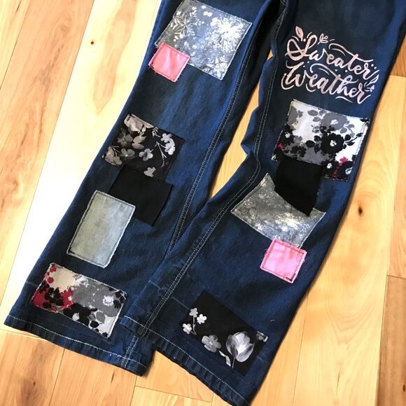 Upcycled Patchwork Flared Jeans: Size 14, Boho Hippie Sweater Weather Pants - Picture 8 of 9